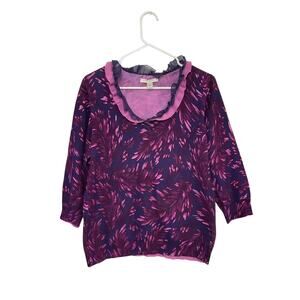 Liz Claiborne Womens Purple Pink Leaves Ruffle Neck Sweater Size Large Pullover